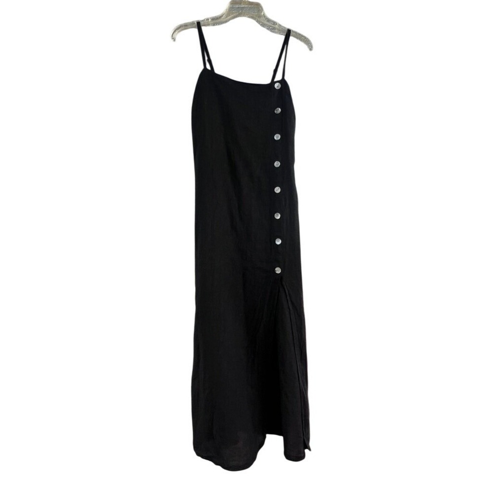 Black Linen Blend Button Side Midi Slip Dress with Slit‎ and Ribbed Side Panels